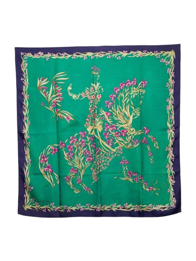 Hermes Carre 90 Hd'origny Flower Blooming Horse Scarf Large Green Multicolor